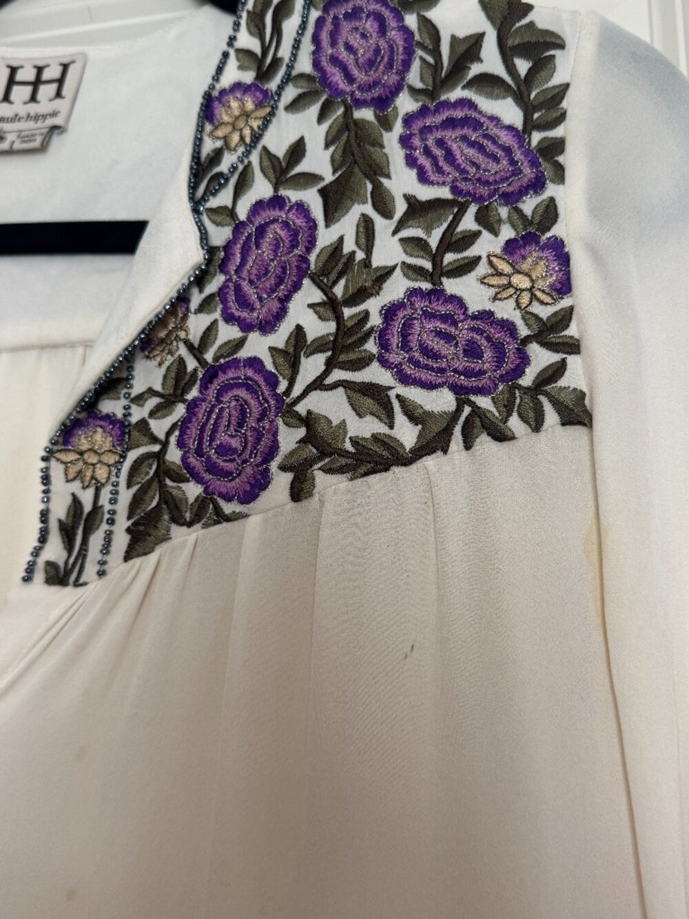 Haute Hippie Cream Purple Floral Embroidered Silk Blouse XS — As Is